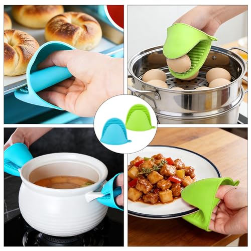 4 PCS Silicone Oven Mitts Heat Resistant Mini Oven Gloves for Kitchen Rubber Air Fryer Mitts Oven Accessories Finger Cooking Pinch Mitts Pot Holders for Kitchen Cooking Baking Dishwasher (Blue+green)