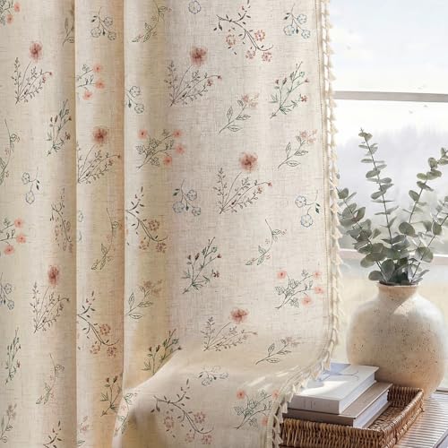 Boho Floral Light Filtering Curtains 63 Inch 2 Panels Linen Texture (Light Filtering Vintage Florals / 52"W x 63"L (Pack of 2))