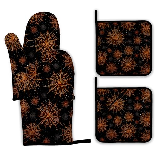 Halloween Oven Mitts and Pot Holders Set (Halloween Spider Web)