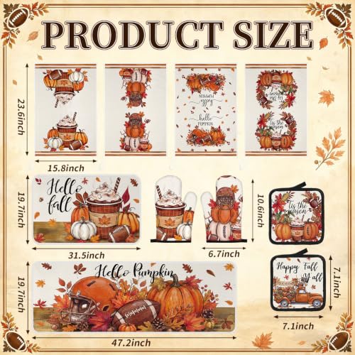 10 Pcs Fall Pumpkin Kitchen Decor Set Kitchen Towels Pot Holders Oven Mitts and Rugs Set Thanksgiving Towels for Baking Cooking BBQ Autumn Home (Dark Orange / Football)