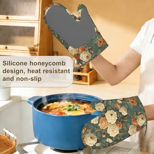 Vintage Rose Flower Oven Mitts and Pot Holders Set of 4 (Vintage Rose Flower)