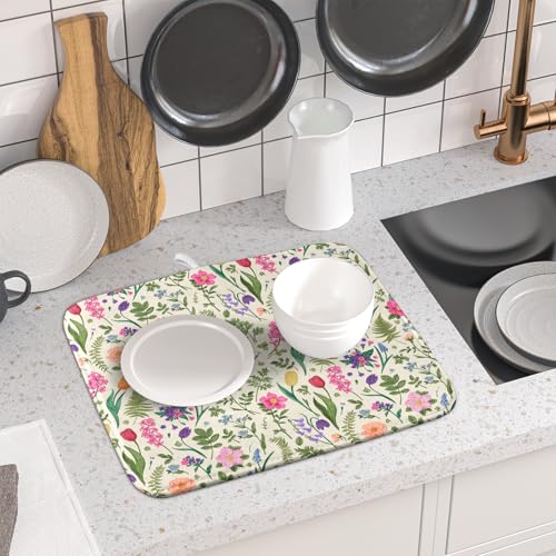 Spring Floral Dish Drying Mat for Kitchen Counter 16x18 Pink Sage Green Flower Vintage Botanical Print Absorbent Reversible Microfiber Drying Mats Kitchen Countertop Protector Dishes Drainer Rack Pad (16" x 18")