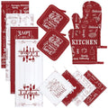12 Pcs Farmhouse Kitchen Decor and Accessories Sets 4 Red Kitchen Towels 4 Absorbent Dishcloths 2 Pot Holders 2 Oven Mitts Gloves for Home Decor Mom Gifts (Red and White / Classic)