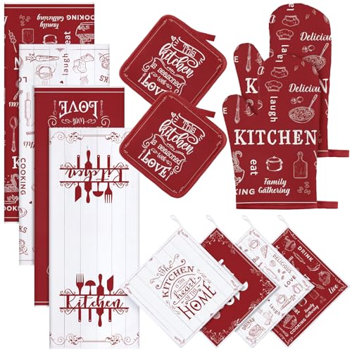 12 Pcs Farmhouse Kitchen Decor and Accessories Sets 4 Red Kitchen Towels 4 Absorbent Dishcloths 2 Pot Holders 2 Oven Mitts Gloves for Home Decor Mom Gifts (Red and White / Classic)