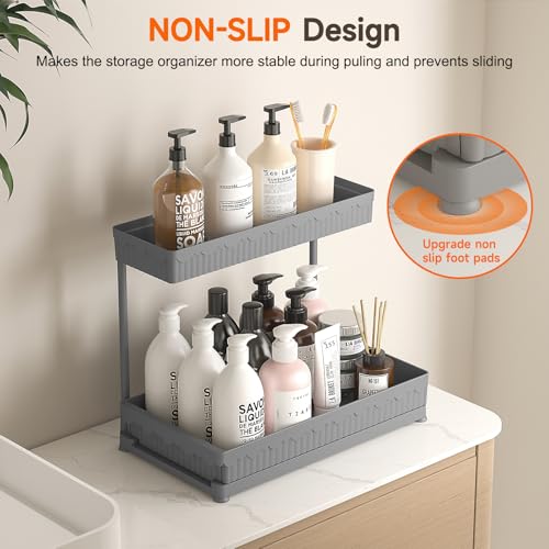 3-Pack 2-Tier L-Shaped Under Sink Organizers with Sliding Drawers (Grey / 14.85 Inch)