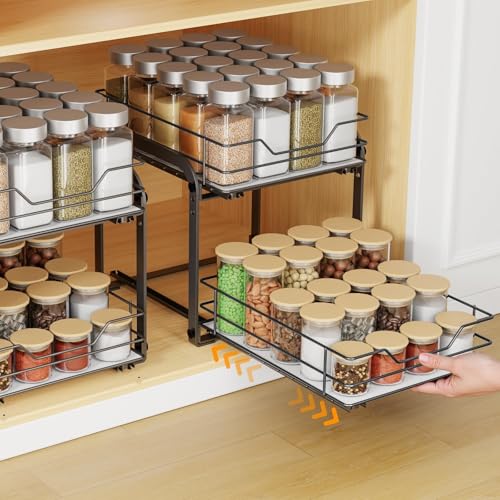Pull Out Spice Rack Organizer for Cabinet (Black / 9"W X 10.5"D X 9"H - 2 Tier)