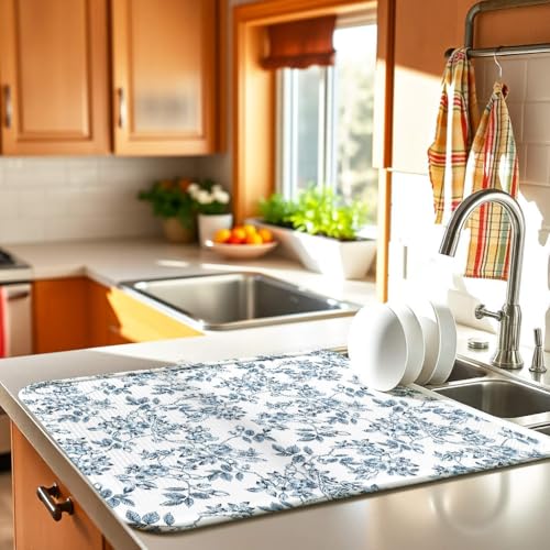 Spring Leaves Floral Dish Drying Mat for Counter (Flower 08 / 16" x 18")