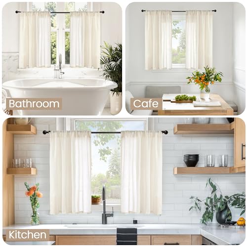 Short Linen Curtains 36 Inch Length for Kitchen Window (Light Beige / 42"W x 36"L (Pack of 2))