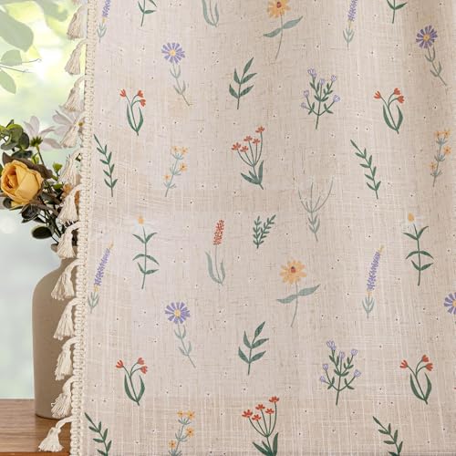Floral Boho Semi Sheer Linen Blend Farmhouse Curtains 84 Inches Long 2 Panels Set Cute Flower Printed Drapes with Tassels Back Tab Rod Pocket for Living Room Bedroom (Flesh Pink / 50"W x 84"L (Pack of 2))