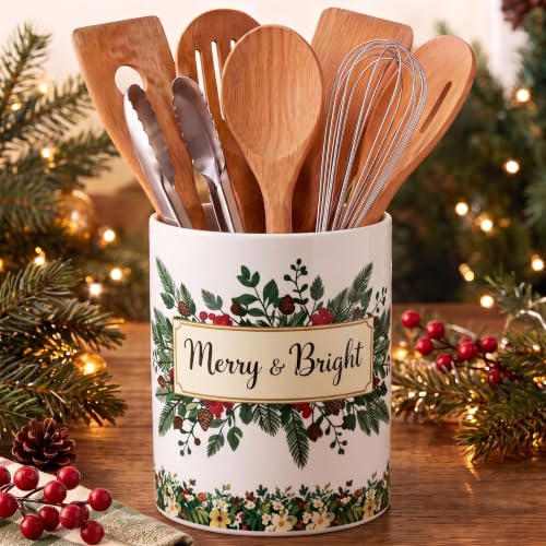 Christmas Pine Branches Ceramic Utensil Holder (Holly Pine Berries)
