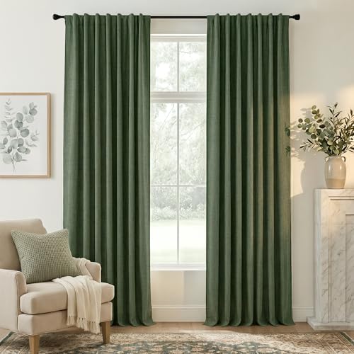 Olive Green 100% Blackout Linen Curtains 84 Inch Long for Office (Olive Green / 52"W x 84"L (Pack of 2))