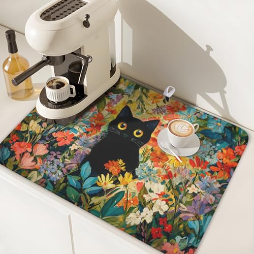 Spring Summer Floral Cat Dish Drying Mat for Kitchen Counter Abstract Oil Painting Wildflower Microfiber Dish Drainer Mat Rustic Absorbent Washable Drying Pad Extra Large 18"x24" (Colorful Floral / 24" x 18")
