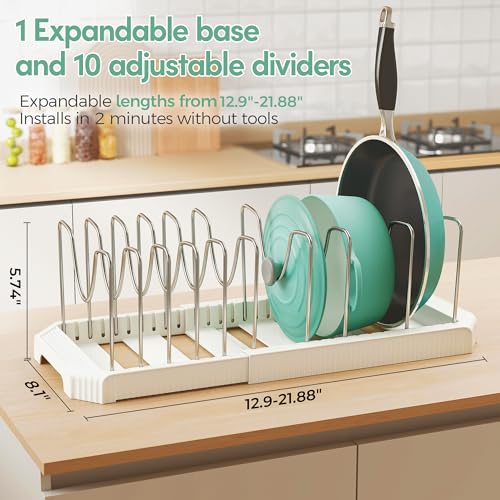 Expandable Pan Organizers Inside Cabinet with 10 Dividers White (White / 10 Adjustable Dividers)