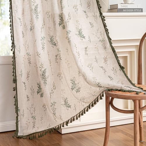 Linen Boho Floral Curtains 84 inches Long 2 Panels with Green Tassels Leaf Patterned Spring Vintage Cottage Core Light Filtering Semi Sheer Curtains for Living Room Bedroom (Green / 50"W x 84"L (Pack of 2))