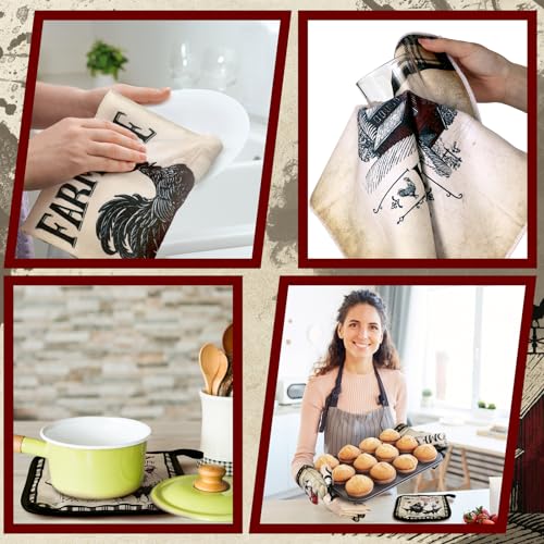 6 Barn Farm Farmhouse Kitchen Decor Dish Towels Oven Mitts and Pot Holders Sets Chicken Kitchen Towels Absorbent Decorative Accessories for Cooking Baking Grilling (Retro Gray / Barn Farm)