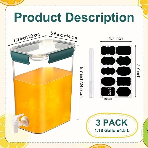 3 Set Plastic Drink Dispensers for Parties Beverage Dispenser for Fridge with Spigot Iced Juice Lemonade Container with Labels and Pens Summer Party Supplies (1.18 Gallon / Green)