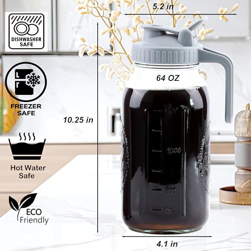 Cold Brew Coffee Maker 64 Oz Mason Jar Cold Brew Pitcher With Strainer 2 Set Half Gallon Wide Mouth Glass Iced Coffee Maker With Spout Lids 2 Quart Glass Pitcher For Fridge (64 oz 2-Pack)