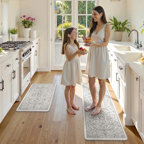 Kitchen Mats Cushioned Anti Fatigue (Light Grey/Multi / 17.3" x 47"+17.3" x 29"--0.47 inches)