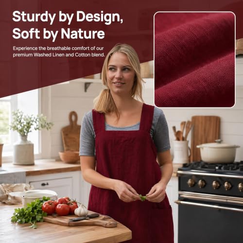 Cross Back Linen Cotton Apron with Pockets (3X-Large / Red)