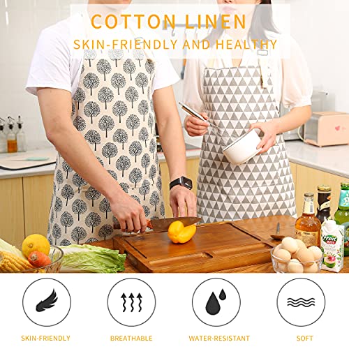 2 Pieces Cotton Linen Waterproof Bib Apron with 2 Pockets (Triangle/Tree)