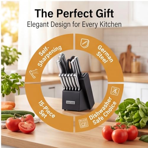 Knife Set Sharp Kitchen Knife Block Set w Built (SilverBlack / 15 pieces)