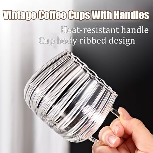 12oz Clear Glass Coffee Mugs Set of 6 Ribbed Coffee Cups With Handles Modern Cute Glass Tea Mug Cup for Hot Beverage (Ribbed)