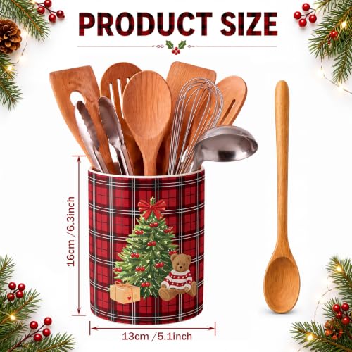 Christmas Red Tartan Ceramic Utensil Holder (Red Plaid Bear)