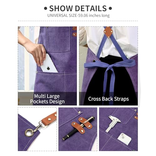 Chef Apron Cotton Canvas Cross Back Apron with Pockets for Women and Men (Purple)