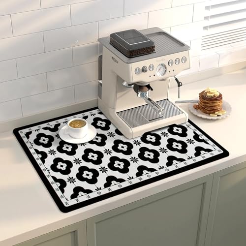 Coffee Mat Dish Drying Mat Hide Stain High Absorbent Bar Mat for Countertops Easy Clean (Black Fower / 19" x 12")