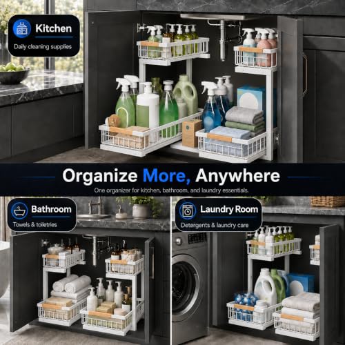 Under Sink Organizer 2 Pack (White / 11.8"W x 15.9"D x 13.8-16.9"H)