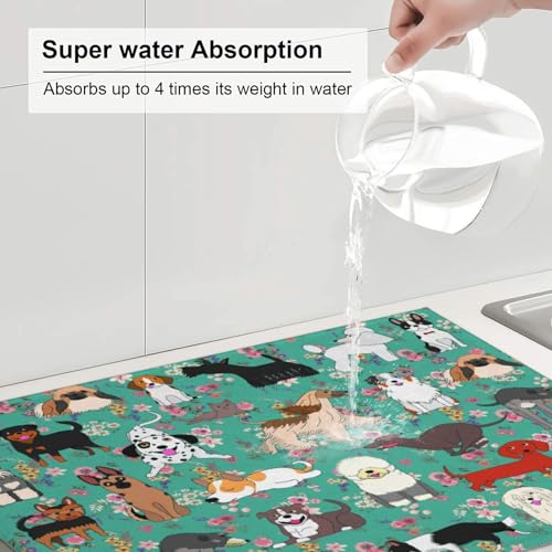 Dog Dish Drying Mat For Kitchen Microfiber Drying Mats Absorbent Reversible Dish Pad Draining Mats For Countertop Coffee Mats 18x24 Inch (Dog)