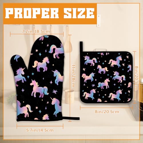 Cute Unicorn Pattern Oven Mitts and Pot Holders Set (Cute Unicorn Pink)