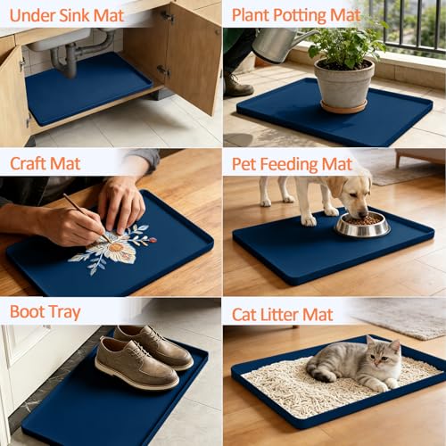 Silicone Coffee Maker Mat with Lip for Countertops (Navy Blue / 15.7'' x 11.8'')