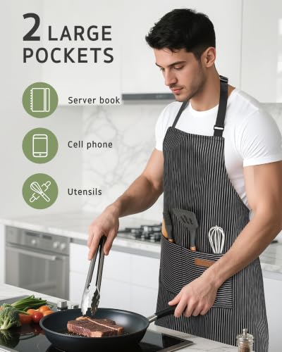 2 Pack Kitchen Apron with 2 Pockets for Women (Stripe Black Blue Pin / 2 Polycotton)