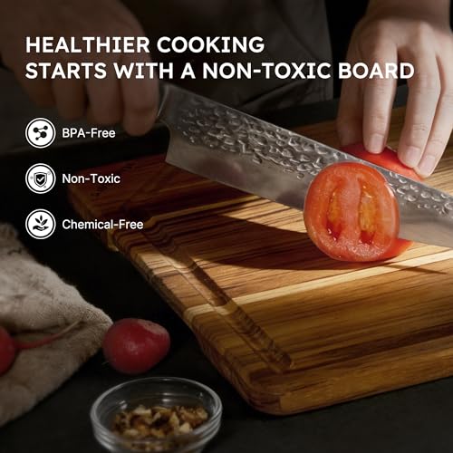 3 Pack Teak Wood Cutting Boards for Kitchen Wood Charcuterie Board Non Slip (Set of 3 with Holder)