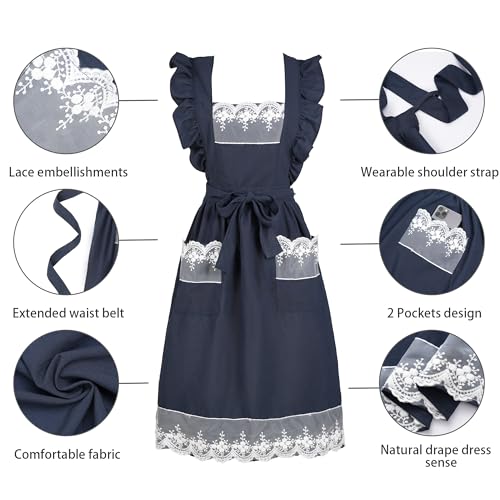 Vintage Aprons for Women with Pockets Cute Lace Ruffle Adjustable Apron for Cooking Kitchen Baking Gardening (Navy Blue)