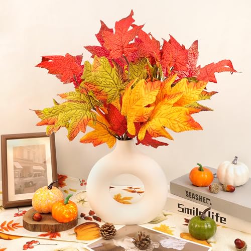 6 Pcs Fall Leaves Stem Artificial Orange Flowers Maple Leaves BranchesPlants Fake Autumn Stem for Vase Home Farmhouse Thanksgiving Table Centerpiece Fireplace Halloween Décor (6 Pc Fall Leaves Stems / Fall Garland)