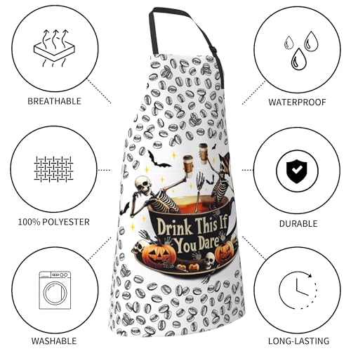 2 Pockets Adjustable Neck Apron Coffee Skull Printed Waterproof Apron for Coffee Lover (33" x 28"(Pack of 1) / Coffee Skull White)