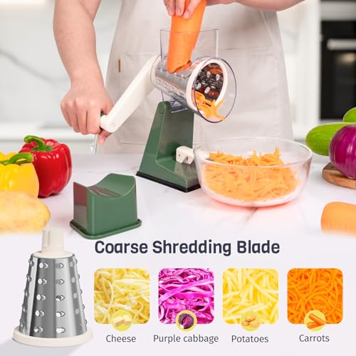 Upgraded Rotary Cheese Grater with 3 Interchangeable Stainless Steel Drums (Olive Green)
