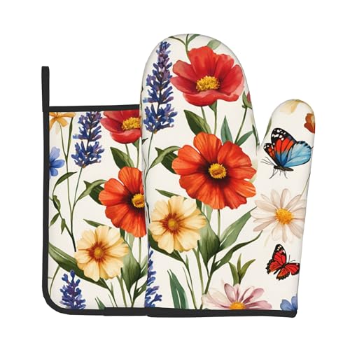 Cute Oven Mitts and Pot Holders Sets Poppy Daisy Flowers Kitchen Gloves Lavender Butterfly Hot Pads 2 Pieces Set Spring Summer Floral Kitchen Decor and Accessories (Poppy Daisy Lavender With Butterfly)
