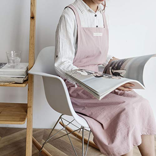 Women Girls Vintage Apron Adjustable Gardening Works Cross Back Cotton (Lightpink / Large)