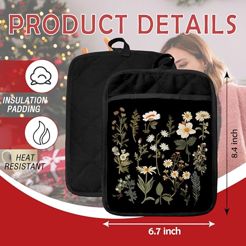 Dark Floral Botanical Pot Holders with Pockets (Wildflower-a)