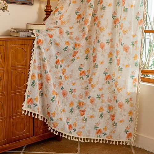 Floral Boho Linen Curtains 63 inch Length 2 Panels Set Spring Vintage Farmhouse Orange Patterned Window Drapes with Tassels Semi Sheer Light Filtering Back Tab for Girls Bedroom (Orange / 50"W x 63"L (Pack of 2))