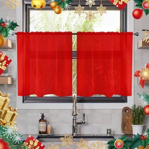 Solid Sheer Rod Pocket Curtain Voile Draperies 2 Panels White Beige Black Ivory Grey 26 Inch Width 40 Inch Long 1 Pair for Kitchen Bedroom Children Living Room Yard (Red / 26"W x 40"L (Pack of 2))