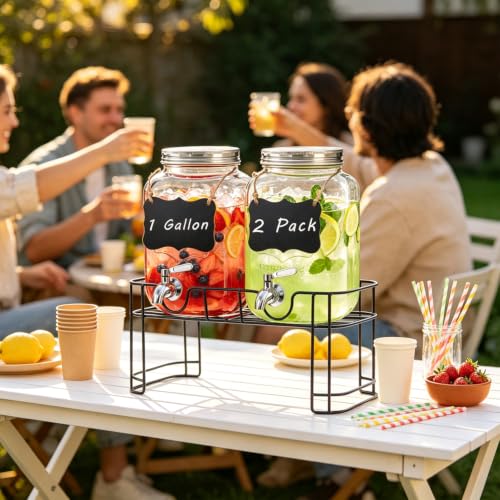 1 Gallon Glass Drink Dispenser with Stand (1Gallon-2Pcs)