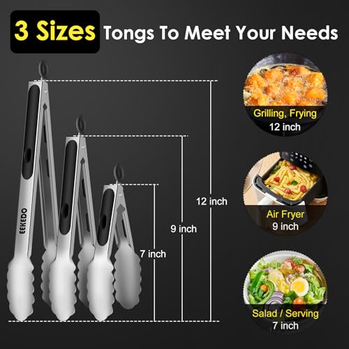 Metal Tongs for Cooking (Metal - Black / 7 + 9 + 12 inches)