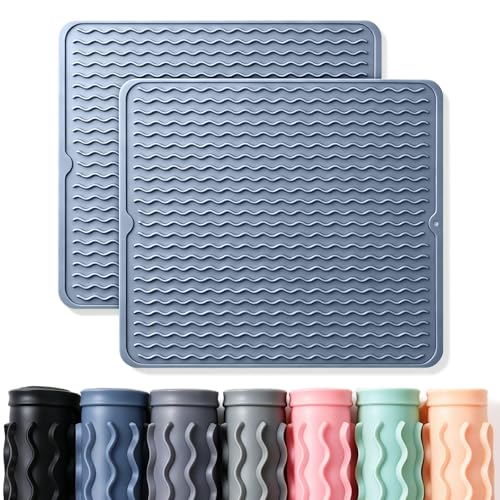 2 Pack Caketime Silicone Dish Drying Mat for Kitchen Counter Multiple Usage for Cooking Grilling Under Sink Office Coffee Accessories Appliances Pioneer Woman Stuff Extra Large 18"x16" Blue (Blue / 18"*16")