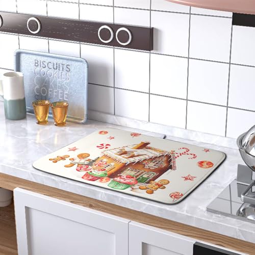 Christmas Dish Drying Mat for Kitchen Counter 16x18 Gingerbread House Man Candy Canes Cookie Cake Drying Mat for Dishes Xmas Winter Holiday Microfiber Drying Pad Dish Drying Pad for Coffee Bar Sink (Christmas Gingerbread / 16" x 18")