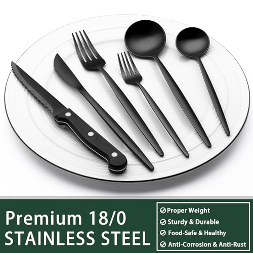 24 Piece Black Silverware Set with Steak Knives (Long Edge)