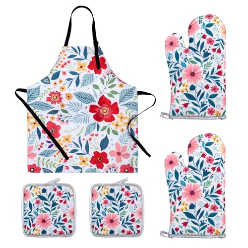 Floral Apron and Oven Mitt Set 5 Piece (Flower7)